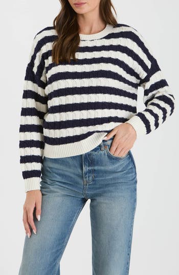 Blu Pepper Stripe Cable Knit Crop Sweater In Navy