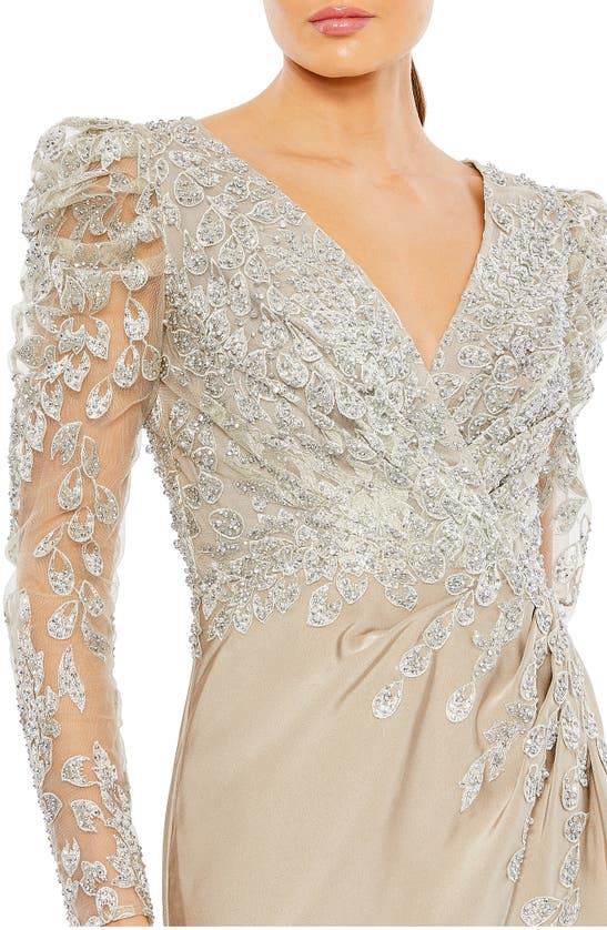 Shop Mac Duggal Embellished Long Sleeve Faux Wrap Gown In Taupe
