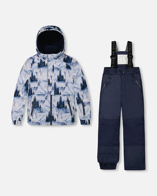 Shop Deux Par Deux Boy's Two Piece Snowsuit Watercolor Pine Print And Solid Navy Pant In Dress Blue