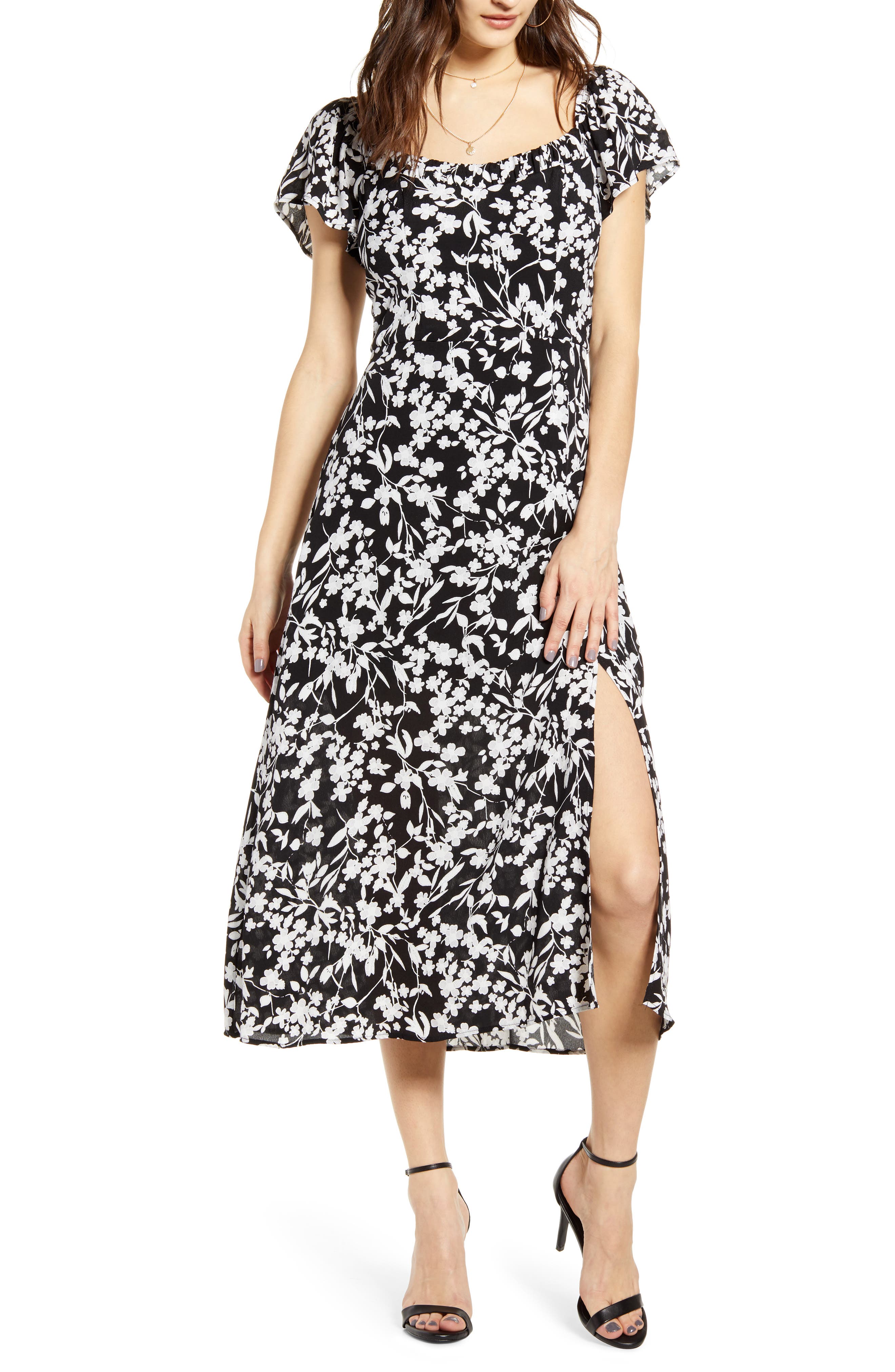 Row A Floral A-Line Midi Dress, Black