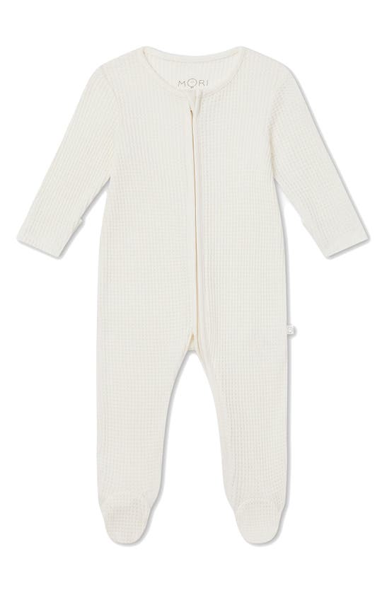 Shop Mori Clever Zip Waffle Fitted One-piece Footie In Ecru