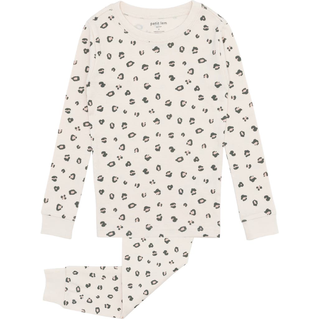 Petit Lem Kids' Leopard Print Fitted Organic Cotton Two-piece Pajamas In White