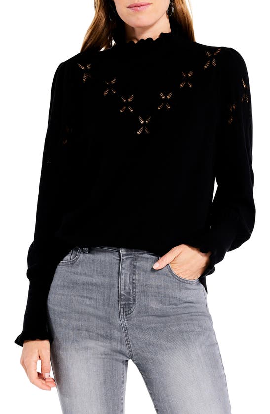 Nic + Zoe Womens Ladder Stitch Pointelle Mock Turtleneck Sweater In Black Onyx
