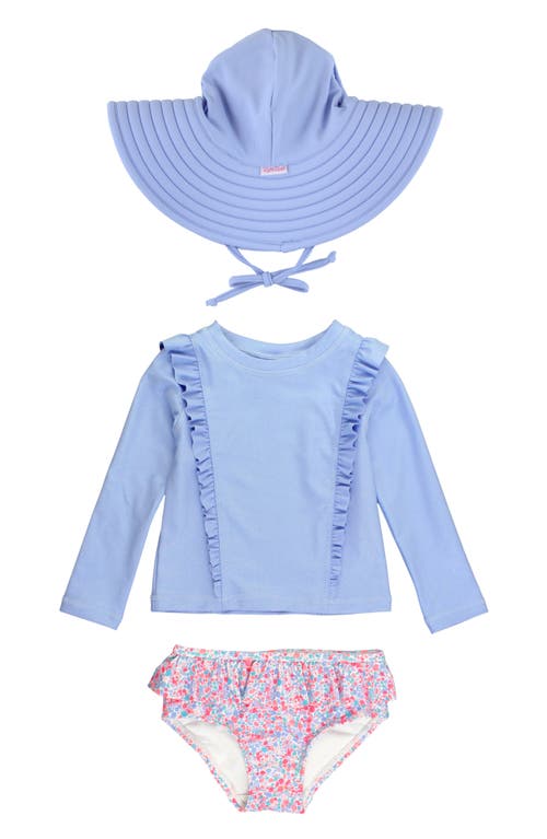RuffleButts Shimmer Long Sleeve Two-Piece Swimsuit & Hat Set Periwinkle at Nordstrom,