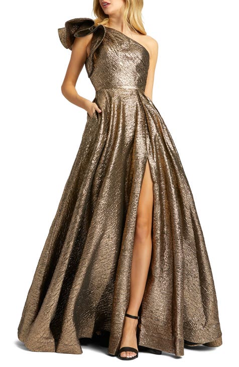 Crinkle Metallic Ruffle One Shoulder Gown