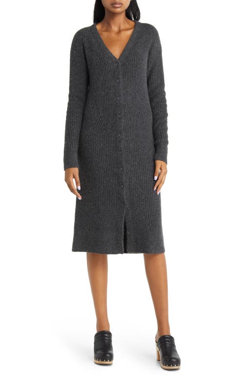 caslon(r) Rib Front Button Long Sleeve Sweater Dress in Grey Dark Charcoal Heather