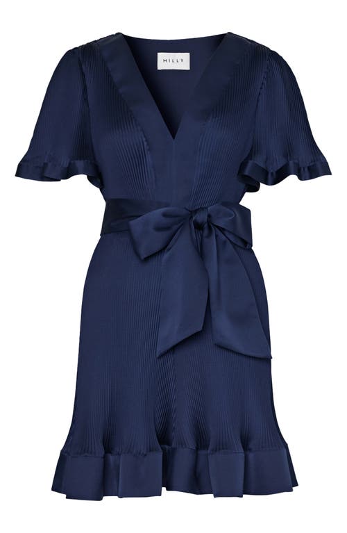 Shop Milly Ellie Belted Plissé Minidress In Navy