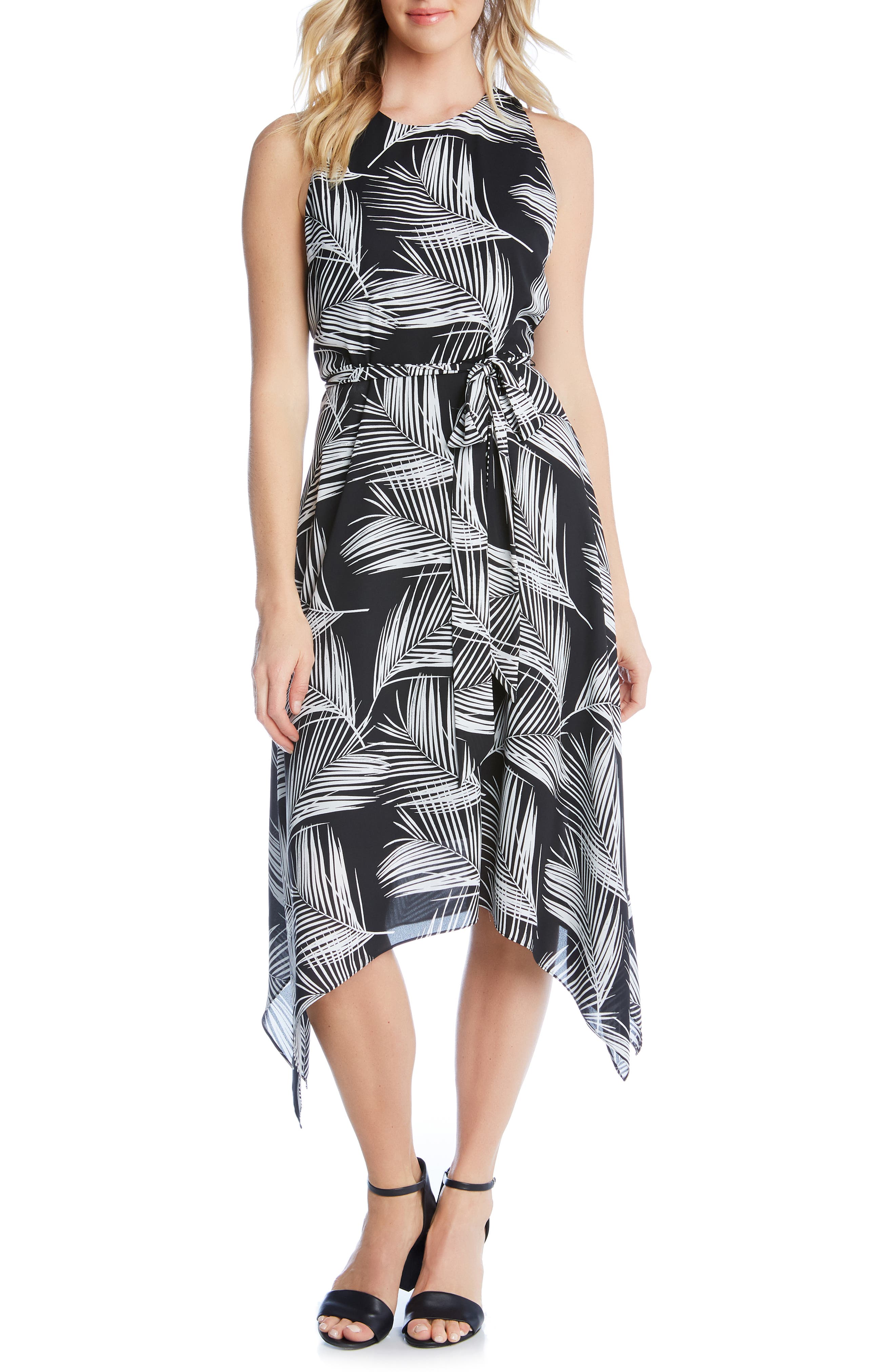 Karen Kane Handkerchief Hem Palm Print Crepe Dress, Black