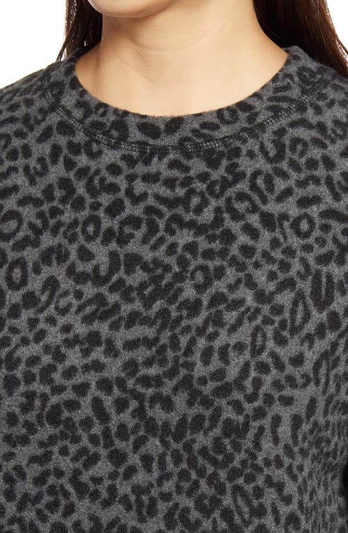 Loveappella Brushed Leopard Print Long Sleeve Crewneck Top In Gray/black