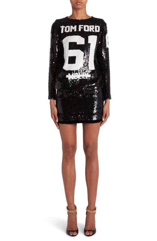 Shop Tom Ford Sequin Logo Long Sleeve Dress In Black/white