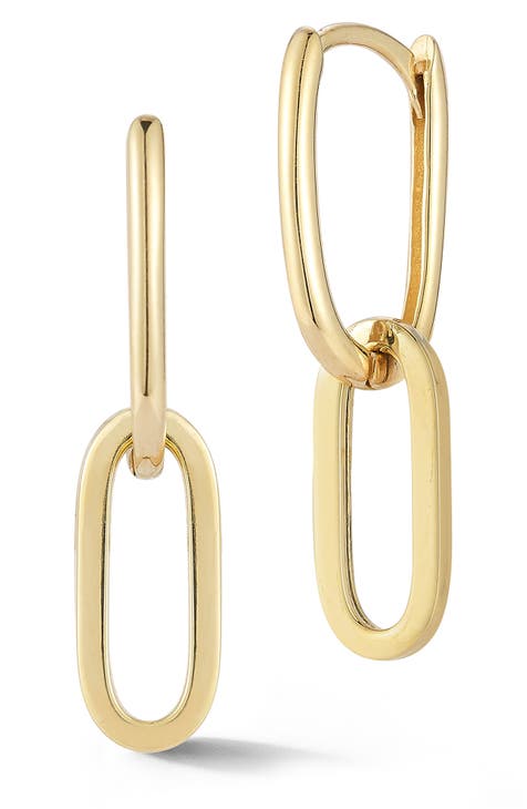 14K Gold Oval Link Drop Hoop Earrings