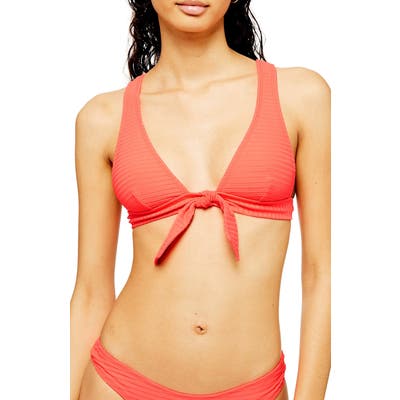 Topshop Wide Rib Tie Front Longline Bikini Top, US (fits like 10-12) - Red