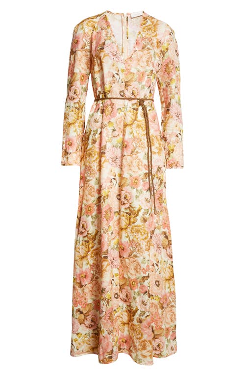 Shop Zimmermann Golden Floral Print Long Sleeve Linen Maxi Dress In Pink Rose