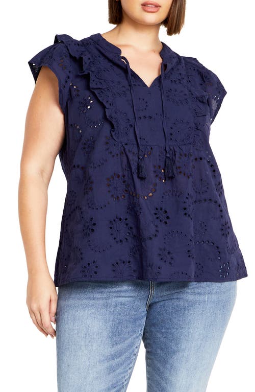 City Chic Casey Eyelet Cotton Top In Navy