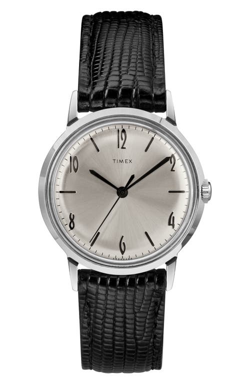 Timex Marlin Leather Strap Watch, 34mm in Black/Silver at Nordstrom