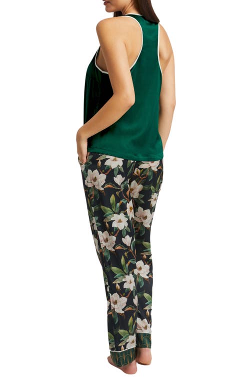 Shop Inej Magnolia Racerback Washable Stretch Silk Pocket Pajamas In Magnolia Print/emerald Green