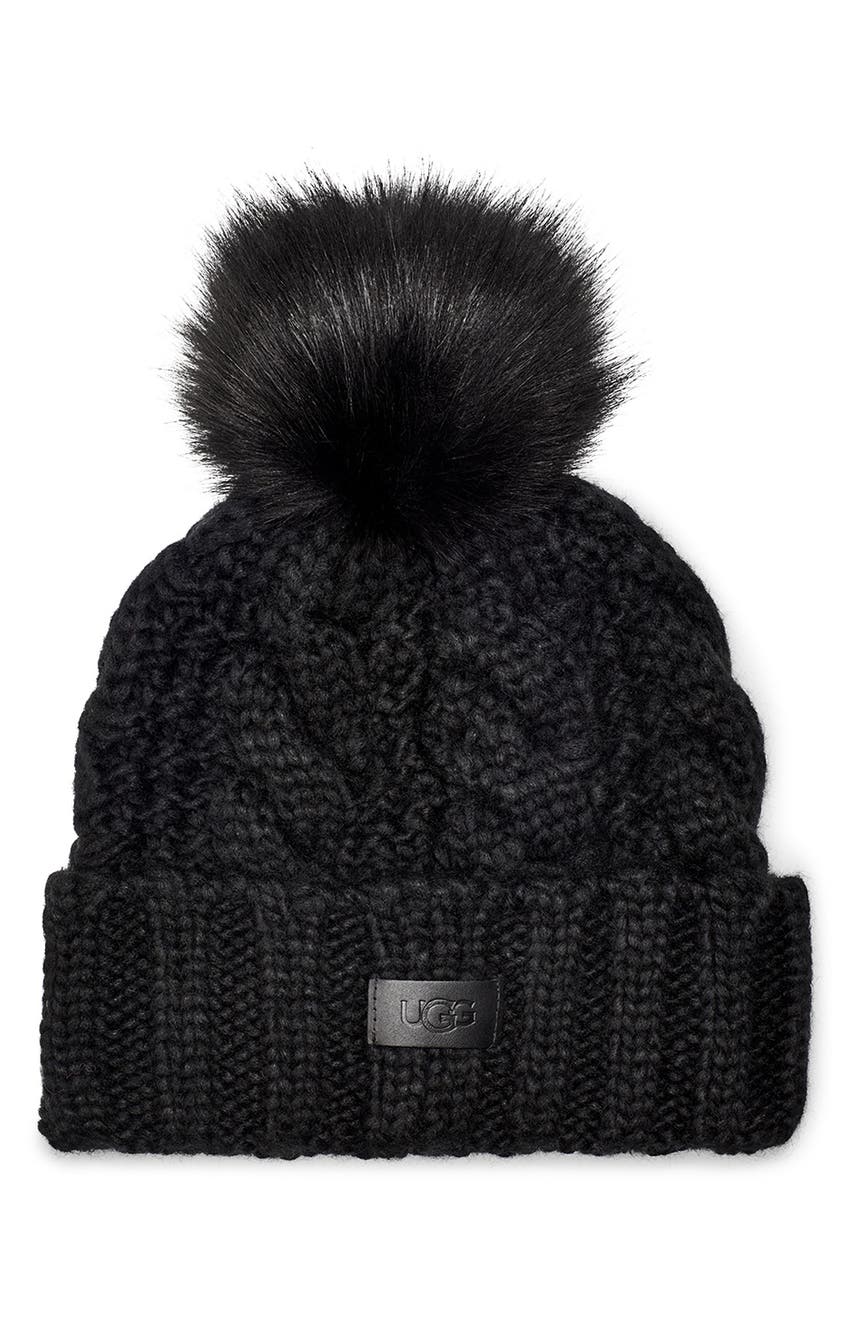 UGG<SUP>®</SUP> Cable Knit Beanie with Faux Fur Pom, Main, color, BLACK