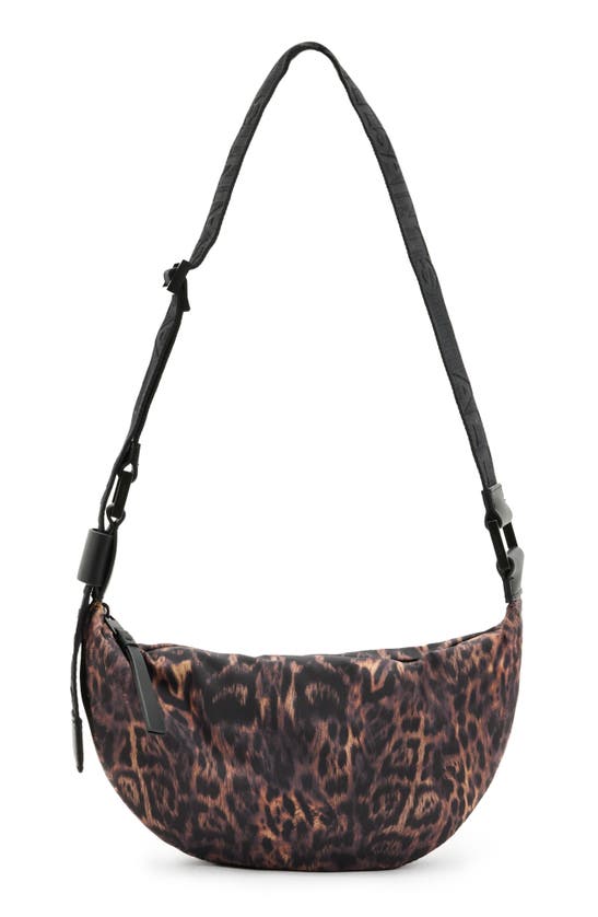 Shop Allsaints Half Moon Nylon Crossbody Bag In Leopard Brown