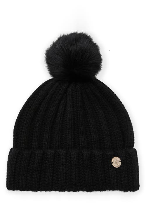 Bruno Magli Ladder Stitch Cashmere Beanie With Genuine Shearling Pompom in Black 