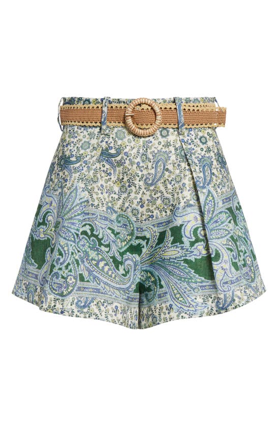 Shop Zimmermann Ottie Paisley Print Belted Linen Shorts In Green Paisley