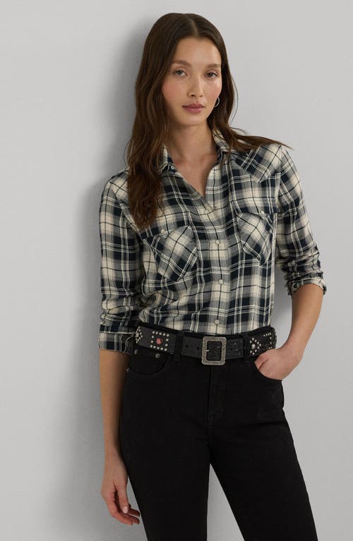 Shop Lauren Ralph Lauren Slim Fit Plaid Herringbone Shirt In Black/mascarpone Cream