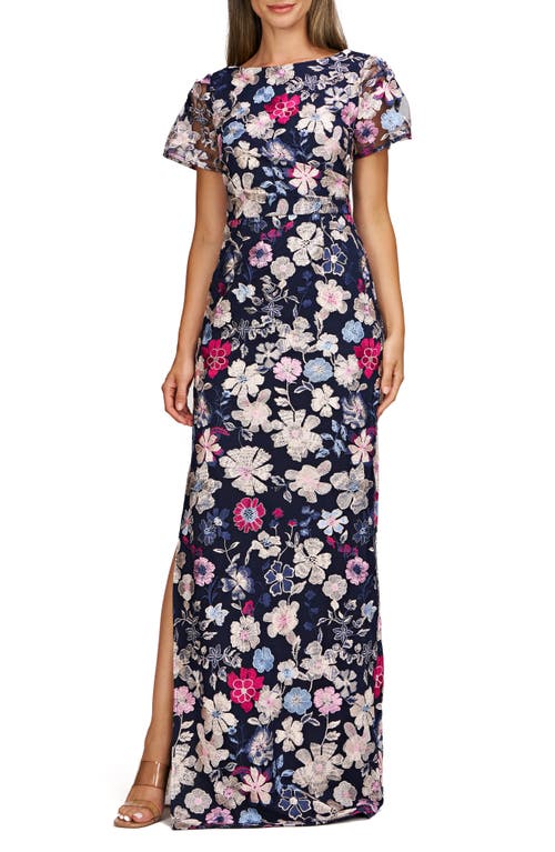 JS Collections Magnolia Floral Embroidery Gown in Navy Multi 