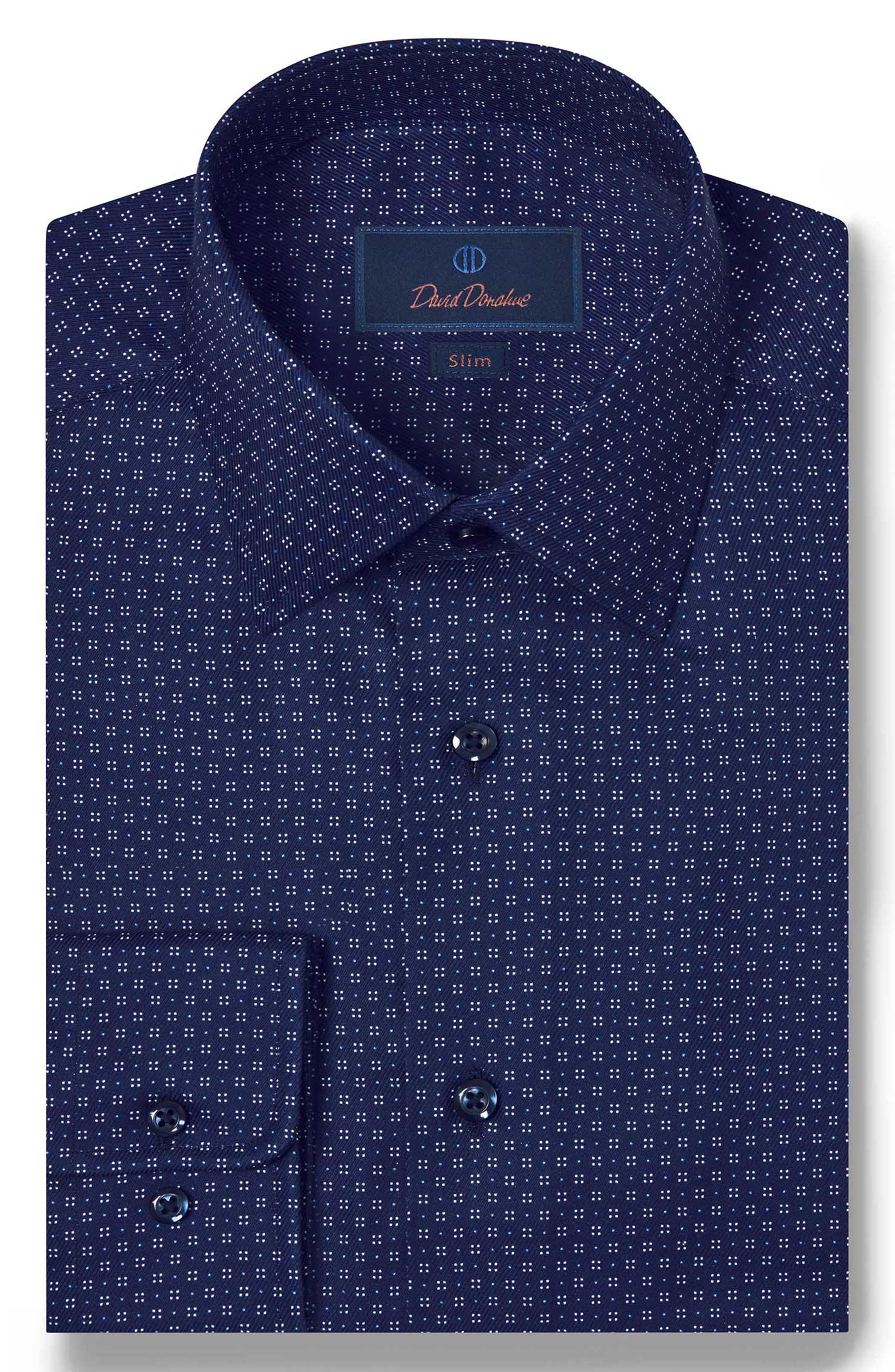 David Donahue Slim Fit Geometric Dot Cotton Twill Dress Shirt in Navy 
