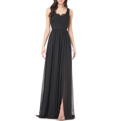 Love By Theia Lace Trim Chiffon Gown, Black