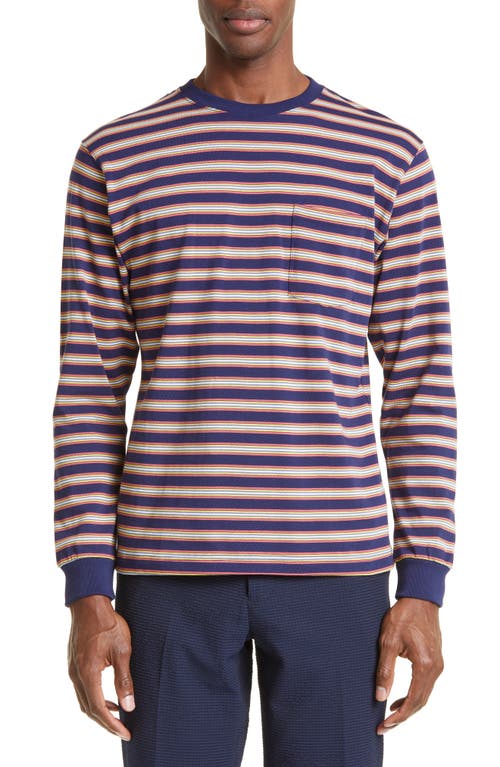 BEAMS Multistripe Long Sleeve Cotton T-Shirt in Navy 79