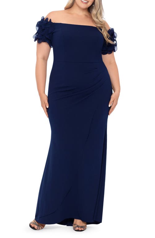 Xscape Evenings Ruffle Sleeve Off the Shoulder Gown Navy at Nordstrom,