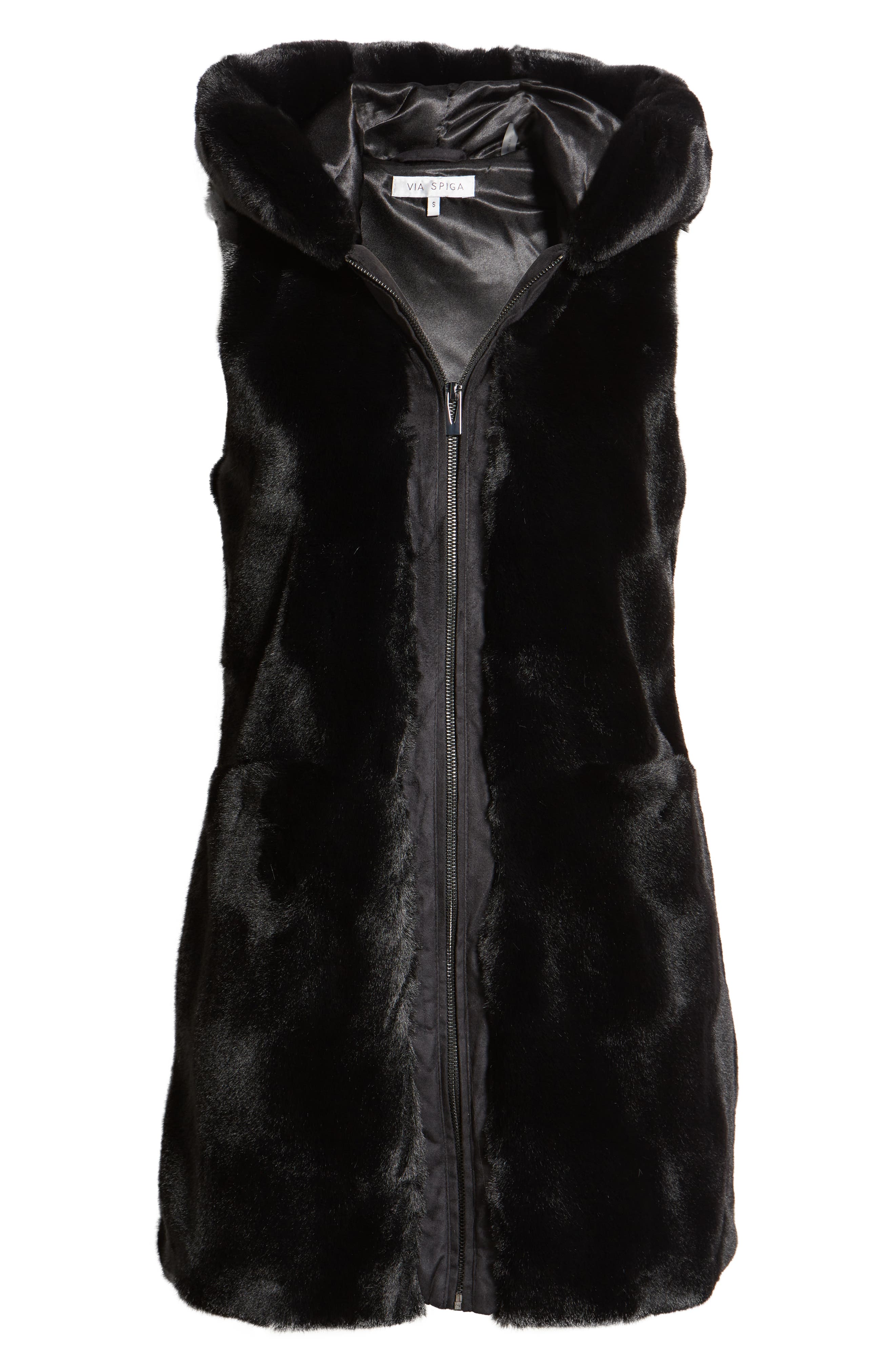 Via Spiga Zip Front Faux Fur Hooded Vest in Black at Nordstrom, Size Small