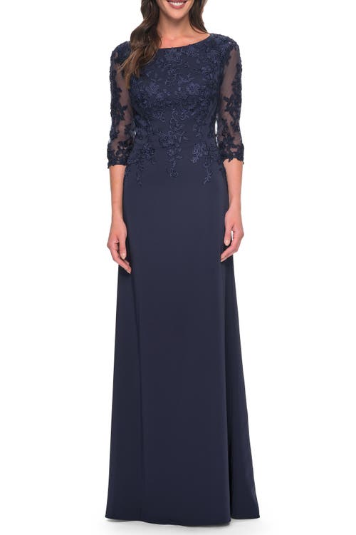 La Femme Jersey Gown With Boat Neckline And Lace Detailing In Navy