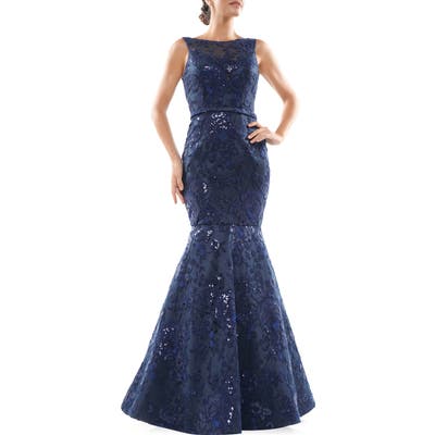 Marsoni Metallic Lace Trumpet Gown, Blue