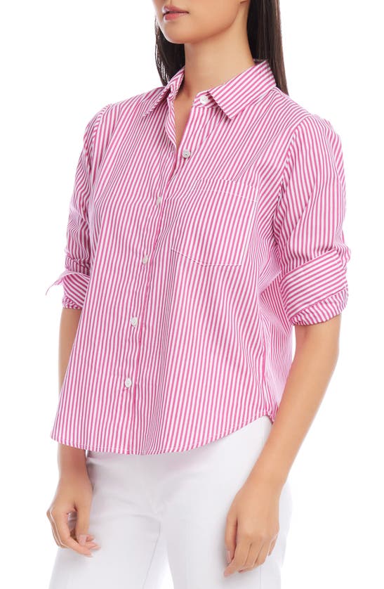 Shop Karen Kane Stripe Ruched Sleeve Cotton Button-up Shirt In Pink Stripe