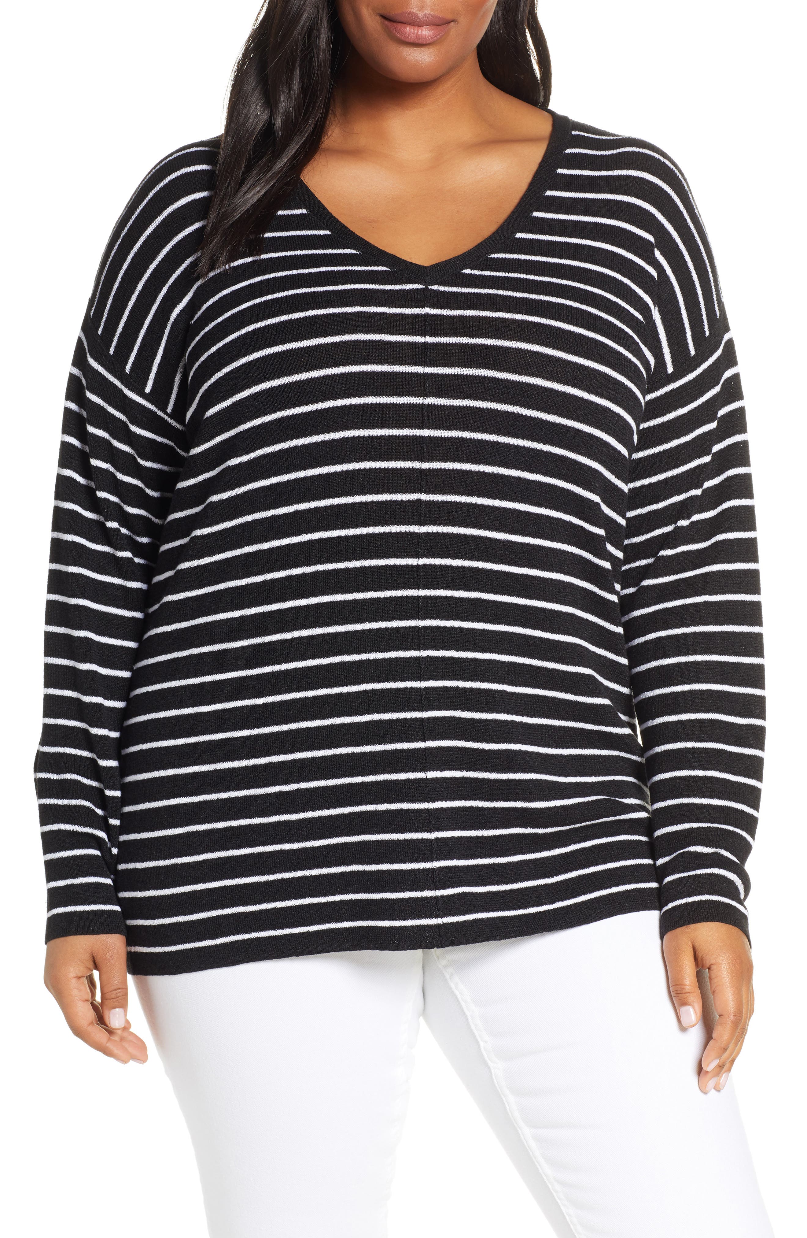Plus Size Caslon V-Neck Linen Blend Sweater, Black