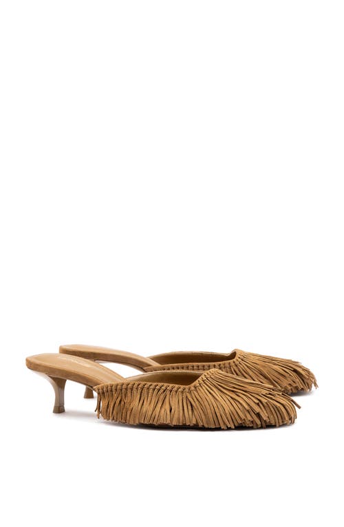 Larroude Sienna Suede Fringe Kitten Mules In Tobacco
