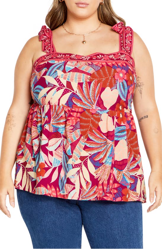 City Chic Paradiso Print Tie Strap Peplum Tank In Multi