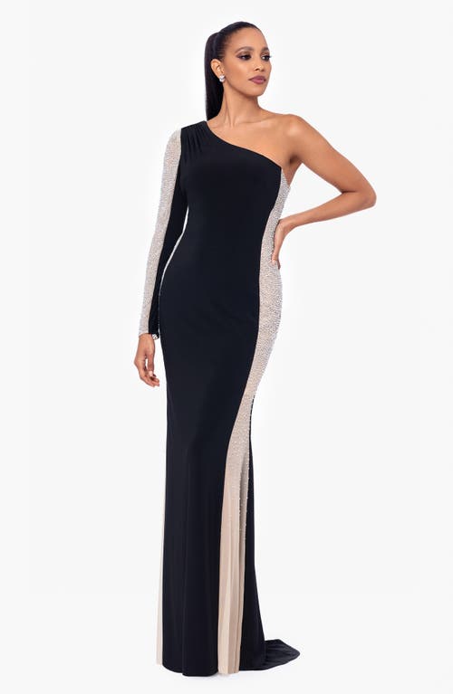 Shop Xscape Evenings Rhinestone Embellished One-shoulder Gown In Black/nude/silver