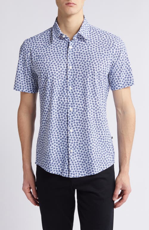 Hugo Boss Boss Roan Floral Short Sleeve Stretch Button-up Shirt In Blue