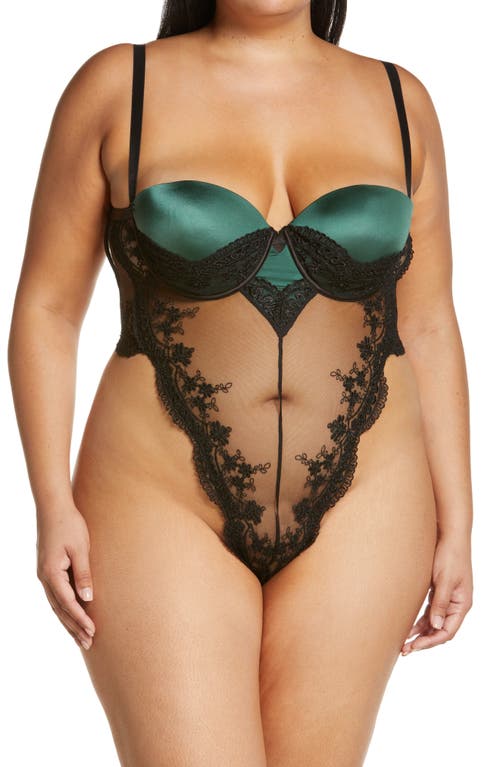 Oh La Cheri Paulette Lace Trim Satin Thong Bodysuit Dark Green/Black at Nordstrom,