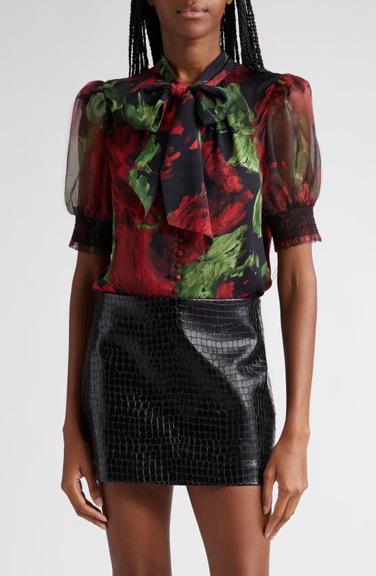 ALICE AND OLIVIA ALICE + OLIVIA BRENTLEY FLORAL TIE NECK PUFF SLEEVE TOP