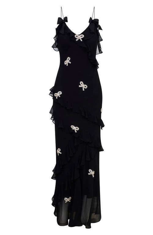 LOVESHACKFANCY LOVESHACKFANCY RIALTO BOW EMBELLISHED RUFFLE SILK DRESS