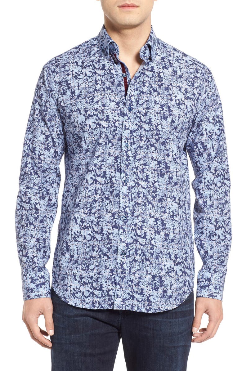 Bugatchi Shaped Fit Floral Grid Print Sport Shirt | Nordstrom