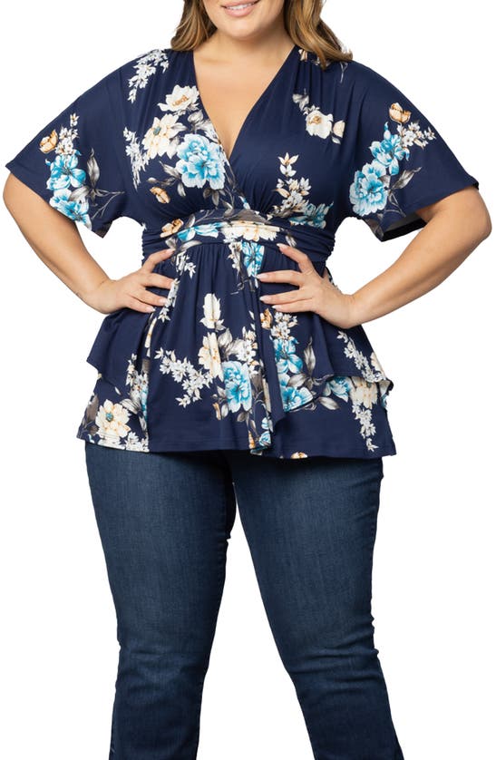 Shop Kiyonna Encore Print Faux Wrap Top In Navy Floral Print