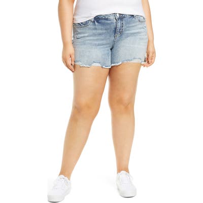 Plus Size Slink Jeans Easy Fit Distressed Frayed Hem Denim Shorts, Blue