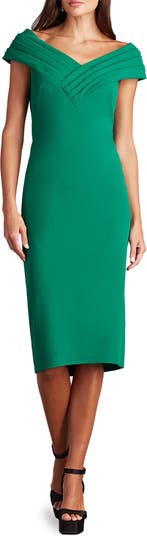 Pleated Cap Sleeve Crepe Sheath Dress