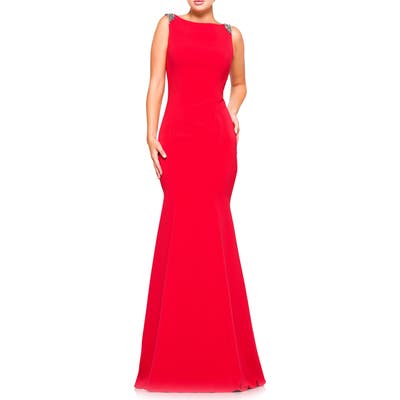 Marsoni Crystal Trim Crepe Trumpet Gown, Red