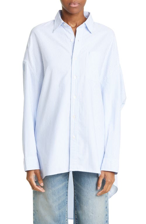 R13 High-Low Cotton Button-Up Shirt in Blue Stripe