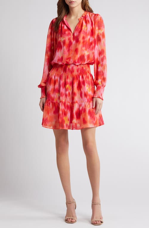 Floral Print Long Sleeve Chiffon Dress in Pink- Orange Combo