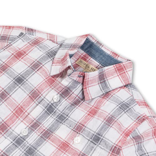 Shop Hope & Henry Baby Boys' Linen Short Sleeve Shirt With Side Vent, Infant In Americana Check